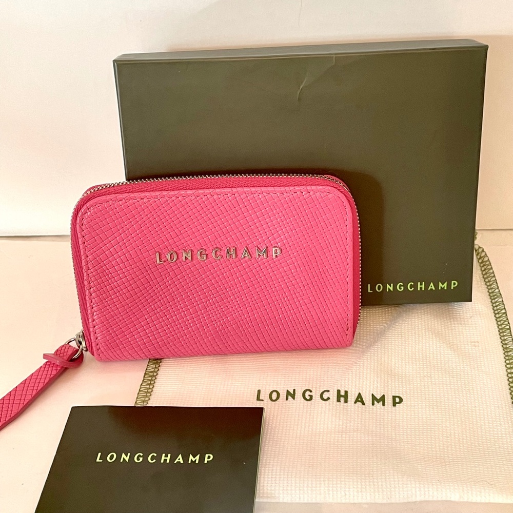 Longchamp Quadri Pink Leather Card/Coin Case w/dustbag box